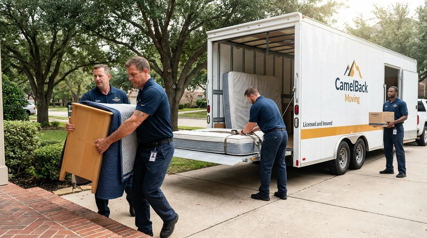 Crew loading residential truck for cross-state move from Athens, WI