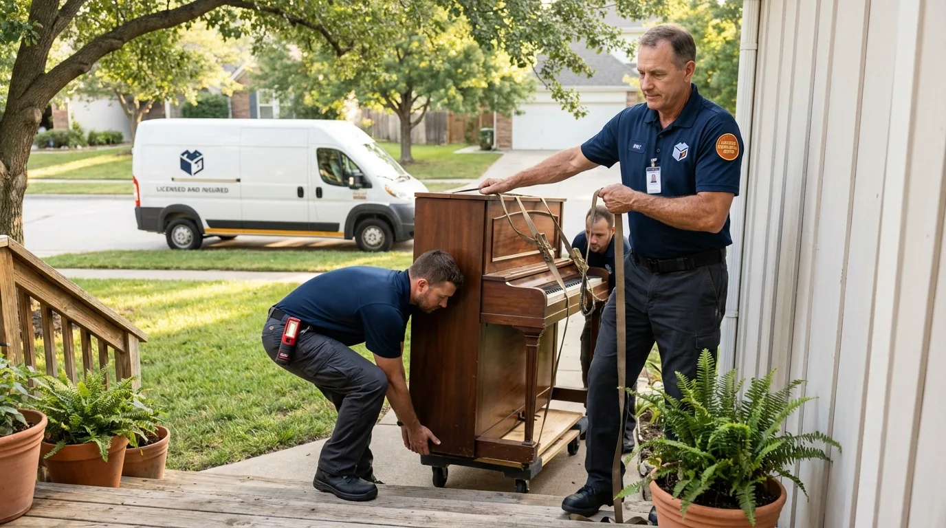 Licensed piano movers securing grand piano in Athens, WI