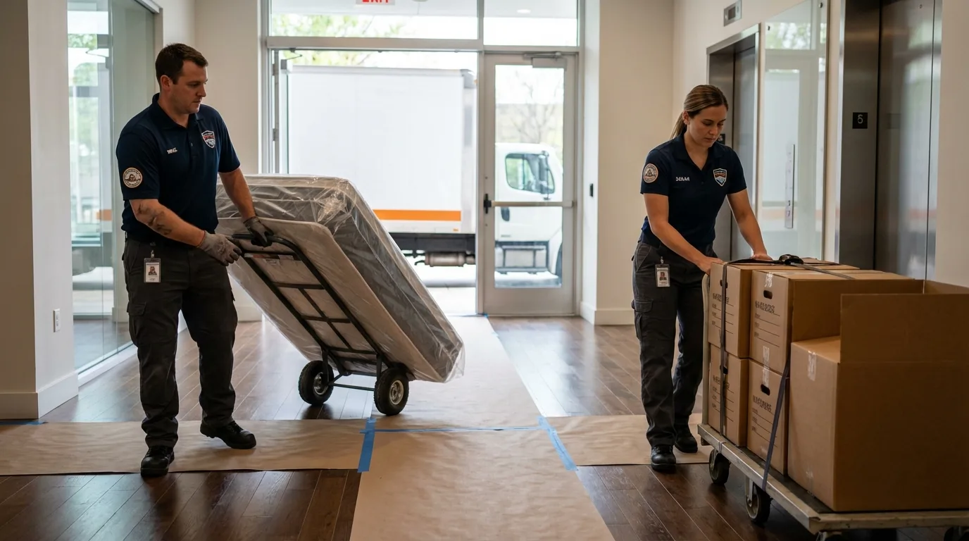 Professional apartment movers loading elevator in Athens, WI