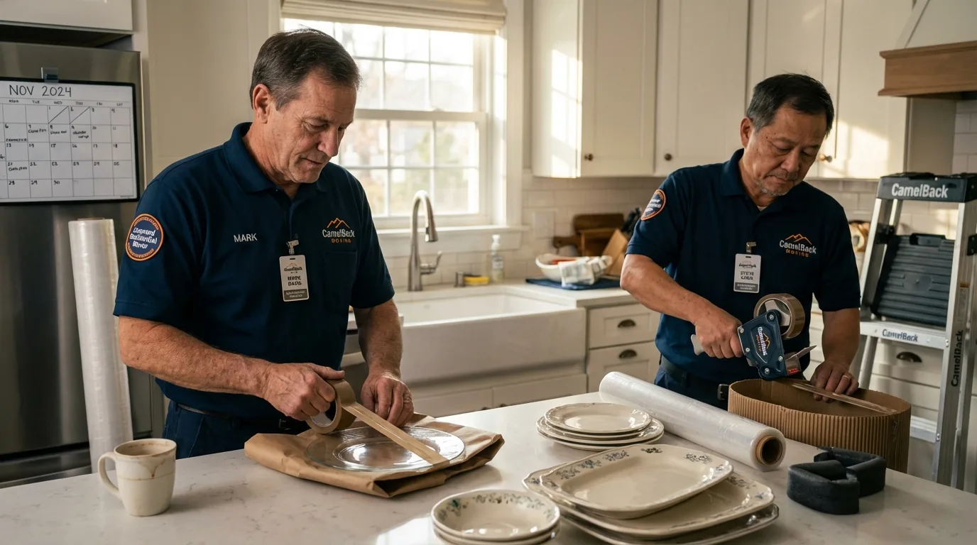 Professional crew packing kitchen dishware in Athens, WI